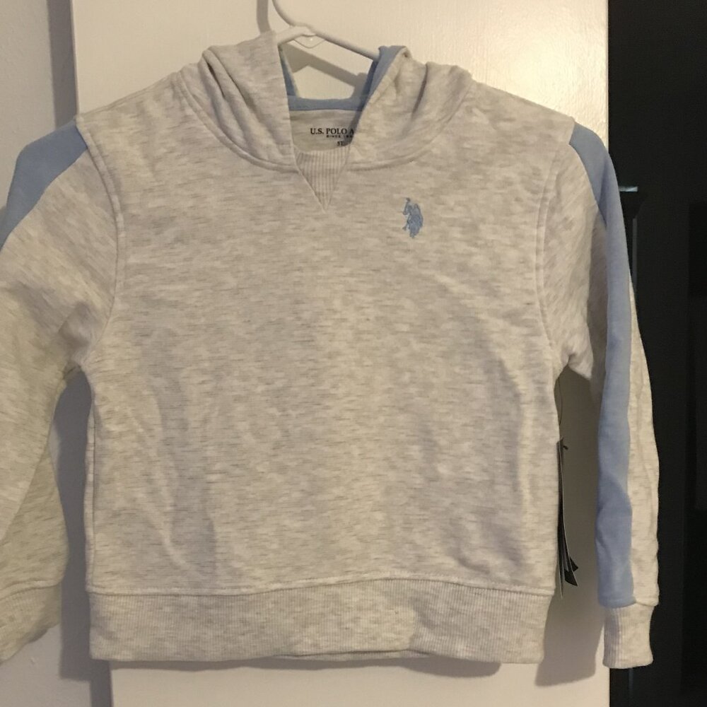 US POLO ASSN 5T Toddler hooded shirt. Gray and blue.